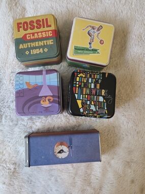 Vintage Fossil Lot of 5 Multicolor Advertising Tins, Early 2000s